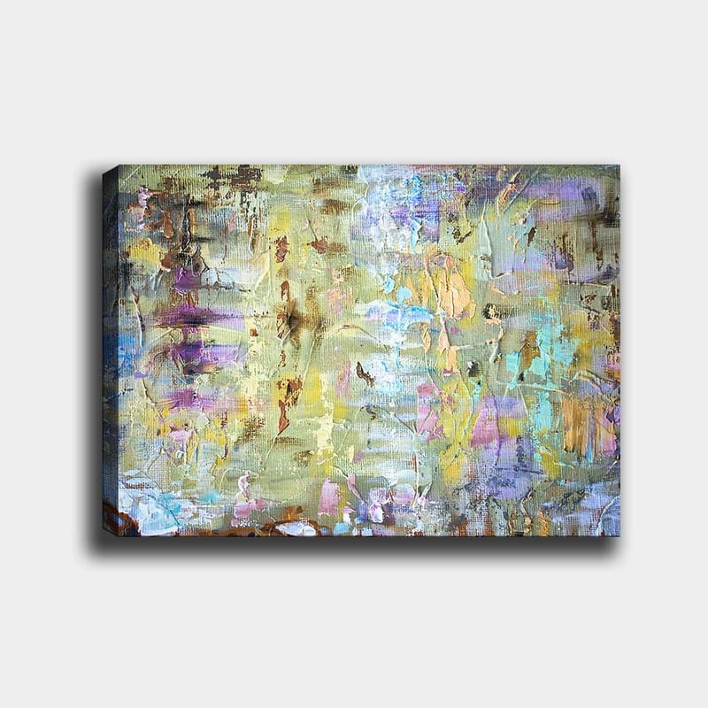 Lerretsbilde 70x100 cm - Abstrakt komposisjon med myke fargeoverganger og teksturer som skaper en drømmeaktig atmosfære, Lys grønn / Lilla / Beige