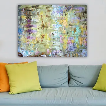 Lerretsbilde 70x100 cm - Abstrakt komposisjon med myke fargeoverganger og teksturer som skaper en drømmeaktig atmosfære - Lys grønn / Lilla / Beige - Interiør - Maleri & posters - Lerretsbilder