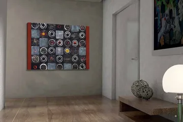 Lerretsbilde 70x100 cm - Abstrakt komposisjon med sirkler og firkanter i kontrastfarger - Svart / Grå / Rød - Interiør - Maleri & posters - Lerretsbilder