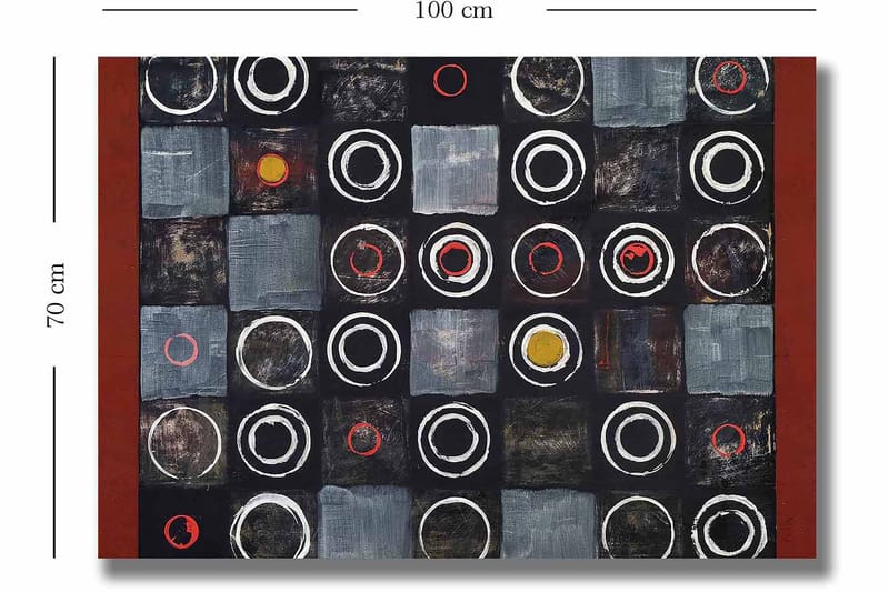 Lerretsbilde 70x100 cm - Abstrakt komposisjon med sirkler og firkanter i kontrastfarger - Svart / Grå / Rød - Interiør - Maleri & posters - Lerretsbilder