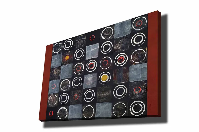 Lerretsbilde 70x100 cm - Abstrakt komposisjon med sirkler og firkanter i kontrastfarger, Svart / Grå / Rød