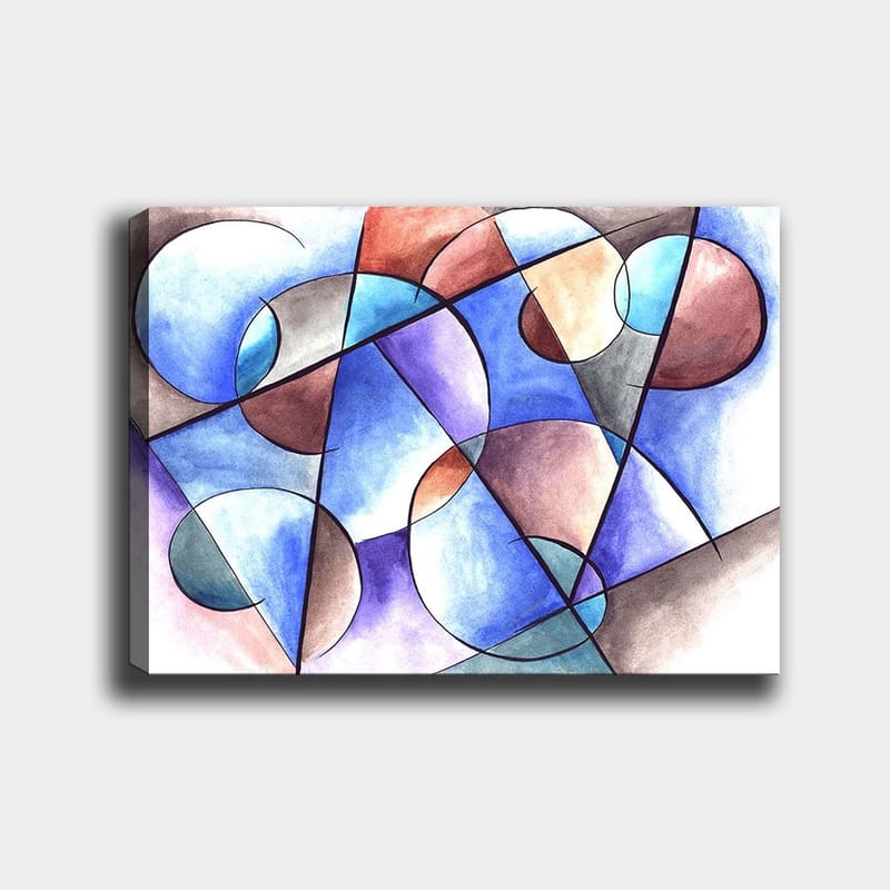 Lerretsbilde 70x100 cm - Abstrakt komposisjon med sirkler og geometriske former i harmoniske farger, Blå / Brun / Terrakotta