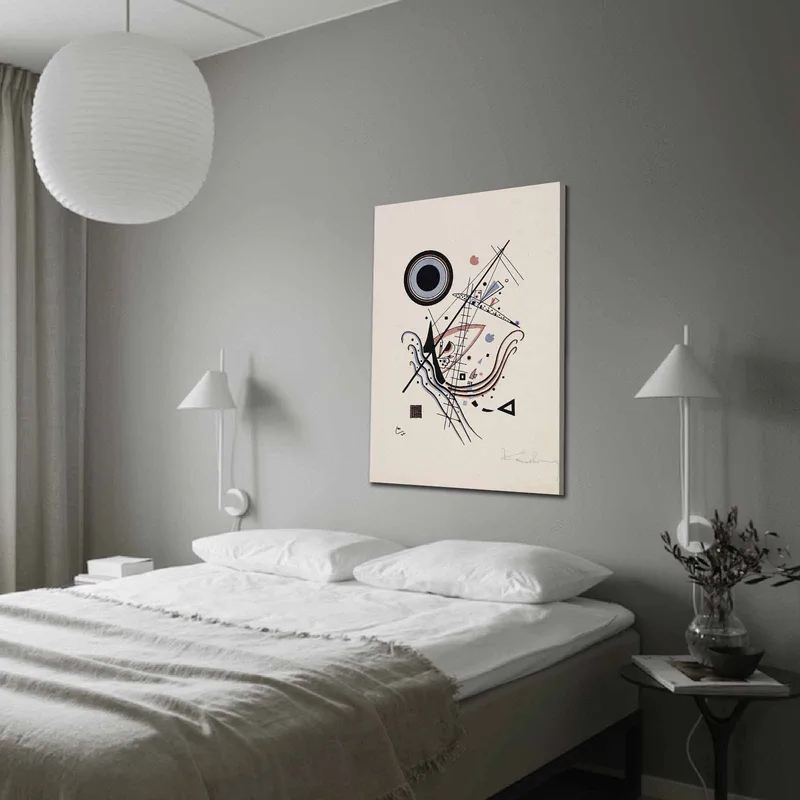 Lerretsbilde 70x100 cm - Abstrakt komposisjon med sirkler og linjer i harmonisk balanse, Svart / Rød / Blå