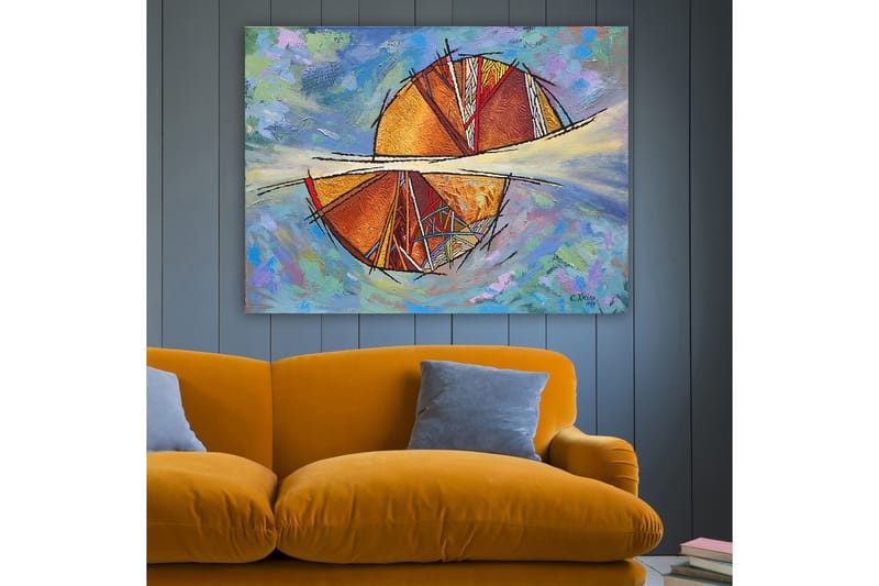 Lerretsbilde 70x100 cm - Abstrakt komposisjon med sirkulære former og geometriske mønstre i varme farger - Gull / Rød / Oransje - Interiør - Maleri & posters - Lerretsbilder