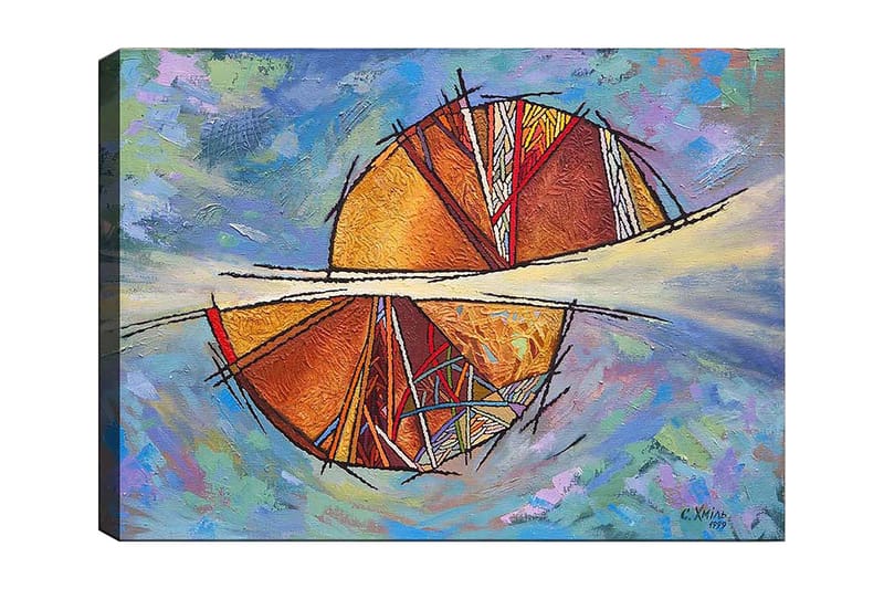 Lerretsbilde 70x100 cm - Abstrakt komposisjon med sirkulære former og geometriske mønstre i varme farger, Gull / Rød / Oransje