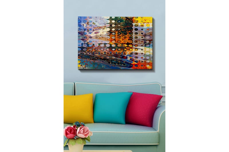 Lerretsbilde 70x100 cm - Abstrakt komposisjon med sirkulære mønstre i forskjellige farger som skaper en dynamisk følelse - Blå / Oransje / Gul - Interiør - Maleri & posters - Lerretsbilder