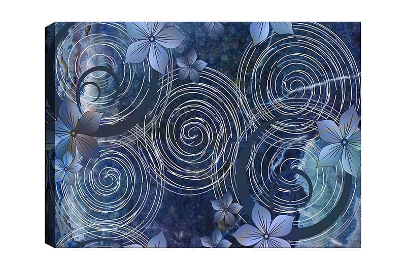 Lerretsbilde 70x100 cm - Abstrakt komposisjon med spiraler og blomster i et harmonisk arrangement, Mørk blå / Lys blå / Hvit