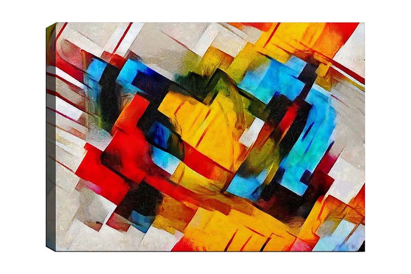Lerretsbilde 70x100 cm - Abstrakt komposisjon med sterke farger og dynamiske former, Rød / Blå / Gul
