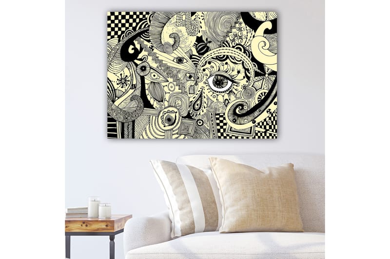 Lerretsbilde 70x100 cm - Abstrakt komposisjon med svarte linjer og mønstre på en lys bakgrunn, Svart / Lys gul