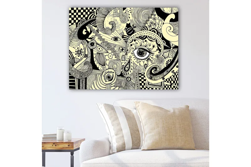 Lerretsbilde 70x100 cm - Abstrakt komposisjon med svarte linjer og mønstre på en lys bakgrunn, Svart / Lys gul