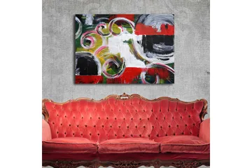 Lerretsbilde 70x100 cm - Abstrakt komposisjon med svarte sirkler og spiralformer i kontrastfarger - Rød / Svart / Hvit - Interiør - Maleri & posters - Lerretsbilder