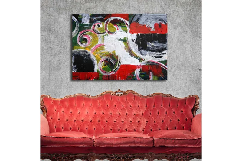 Lerretsbilde 70x100 cm - Abstrakt komposisjon med svarte sirkler og spiralformer i kontrastfarger - Rød / Svart / Hvit - Interiør - Maleri & posters - Lerretsbilder