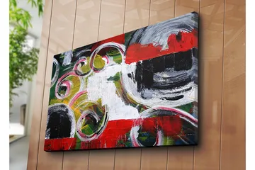 Lerretsbilde 70x100 cm - Abstrakt komposisjon med svarte sirkler og spiralformer i kontrastfarger - Rød / Svart / Hvit - Interiør - Maleri & posters - Lerretsbilder