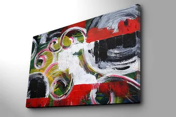 Lerretsbilde 70x100 cm - Abstrakt komposisjon med svarte sirkler og spiralformer i kontrastfarger - Rød / Svart / Hvit - Interiør - Maleri & posters - Lerretsbilder