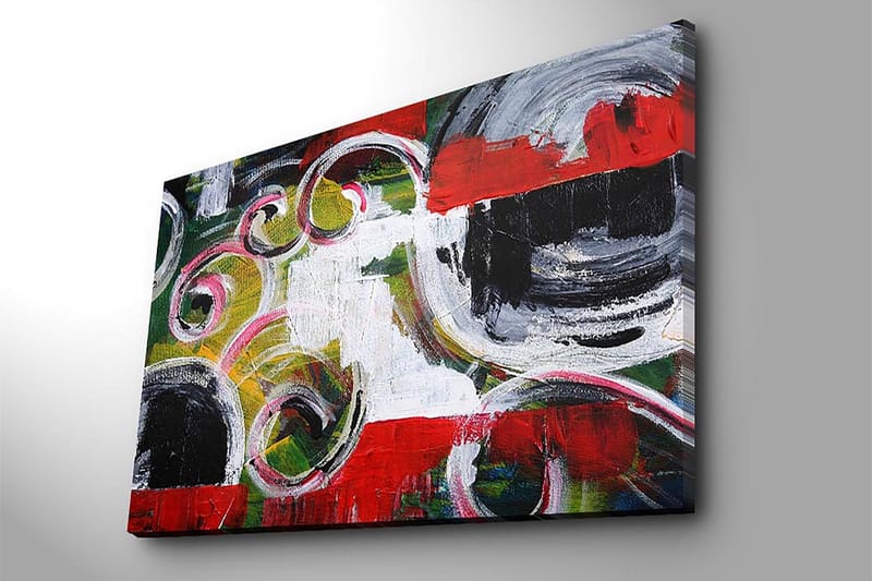 Lerretsbilde 70x100 cm - Abstrakt komposisjon med svarte sirkler og spiralformer i kontrastfarger - Rød / Svart / Hvit - Interiør - Maleri & posters - Lerretsbilder