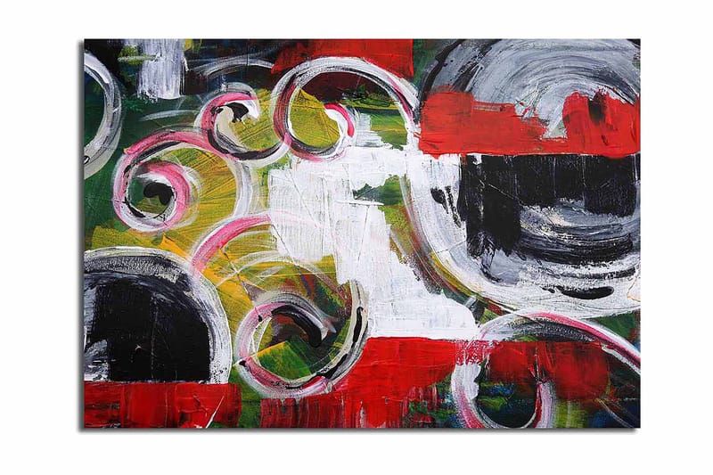 Lerretsbilde 70x100 cm - Abstrakt komposisjon med svarte sirkler og spiralformer i kontrastfarger, Rød / Svart / Hvit