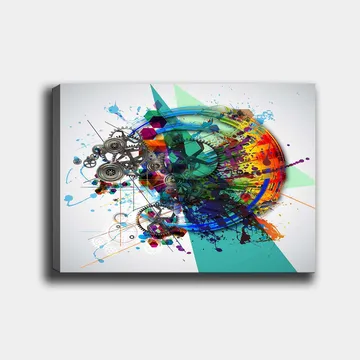 Lerretsbilde 70x100 cm - Abstrakt komposisjon med tannhjul og fargerike sprayer som symboliserer bevegelse og teknologi - Turkis / Rød / Lilla - Interiør - Maleri & posters - Lerretsbilder