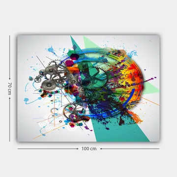 Lerretsbilde 70x100 cm - Abstrakt komposisjon med tannhjul og fargerike sprayer som symboliserer bevegelse og teknologi - Turkis / Rød / Lilla - Interiør - Maleri & posters - Lerretsbilder