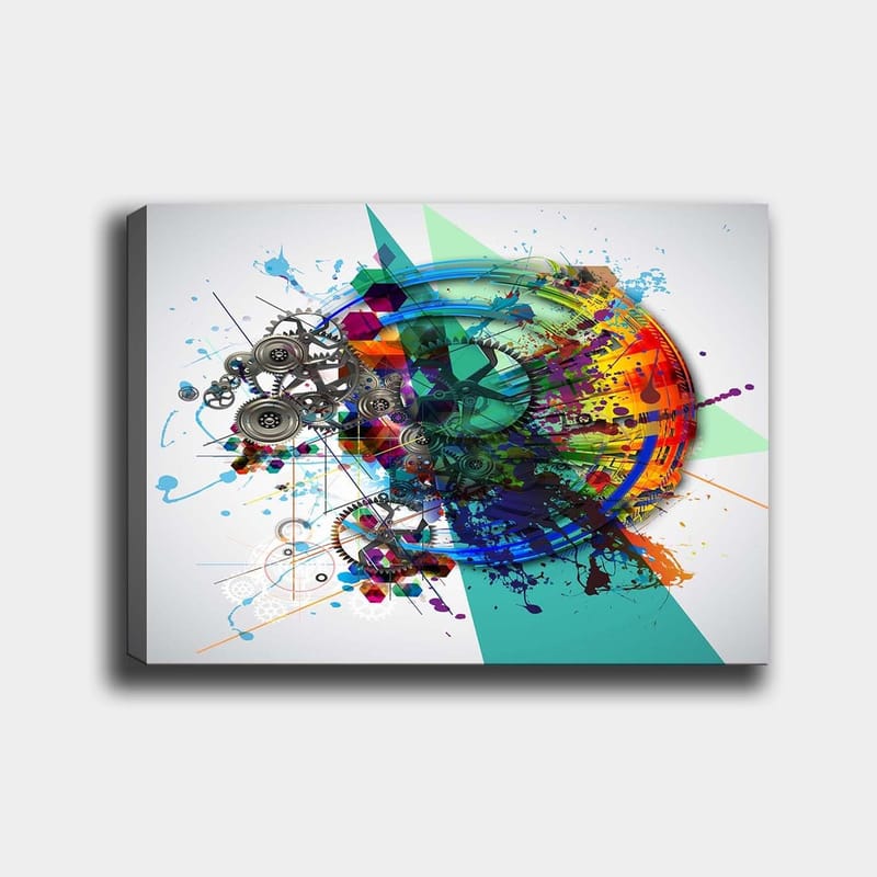 Lerretsbilde 70x100 cm - Abstrakt komposisjon med tannhjul og fargerike sprayer som symboliserer bevegelse og teknologi, Turkis / Rød / Lilla