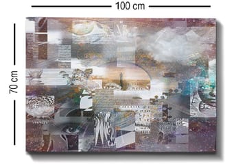 Lerretsbilde 70x100 cm - Abstrakt komposisjon med tekstelementer og ulike former som skaper en følelse av dybde og mystikk - Lilla / Grå / Hvit - Interiør - Maleri & posters - Lerretsbilder