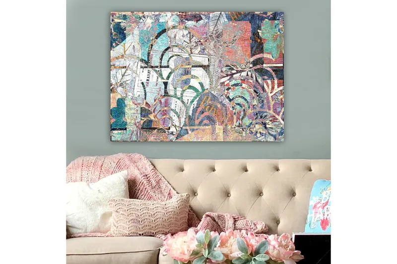 Lerretsbilde 70x100 cm - Abstrakt komposisjon med plantemotiver og teksturer som skaper en følelse av dybde og bevegelse - Turkis / Rød / Grønn - Interiør - Maleri & posters - Lerretsbilder