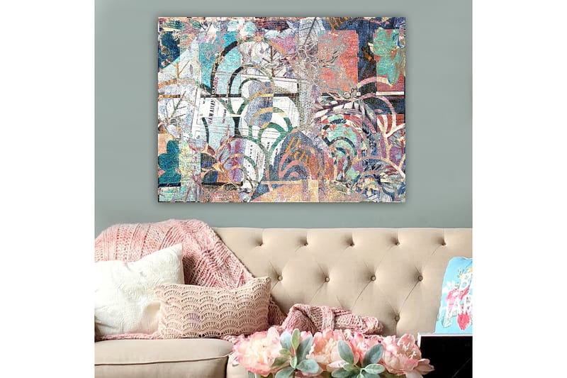 Lerretsbilde 70x100 cm - Abstrakt komposisjon med plantemotiver og teksturer som skaper en følelse av dybde og bevegelse - Turkis / Rød / Grønn - Interiør - Maleri & posters - Lerretsbilder