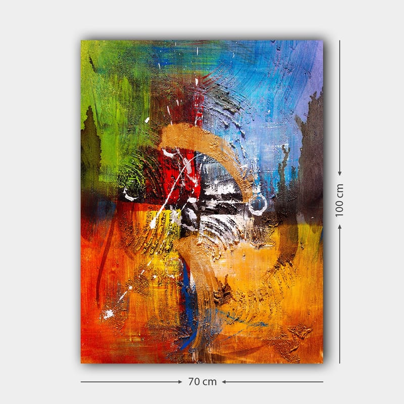 Lerretsbilde 70x100 cm - Abstrakt kunst med dynamiske former og farger som skaper en følelse av bevegelse og energi - Blå / Rød / Oransje - Interiør - Maleri & posters - Lerretsbilder