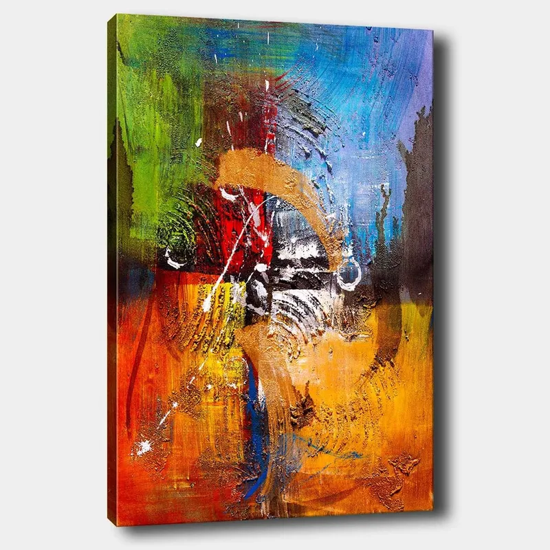 Lerretsbilde 70x100 cm - Abstrakt kunst med dynamiske former og farger som skaper en følelse av bevegelse og energi, Blå / Rød / Oransje