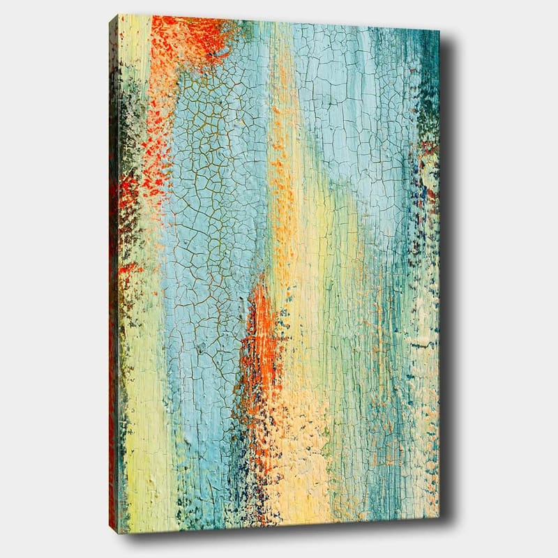 Lerretsbilde 70x100 cm - Abstrakt kunst med elementer av blå og oransje nyanser som skaper en dynamisk tekstur - Blå / Oransje / Grønn - Interiør - Maleri & posters - Lerretsbilder