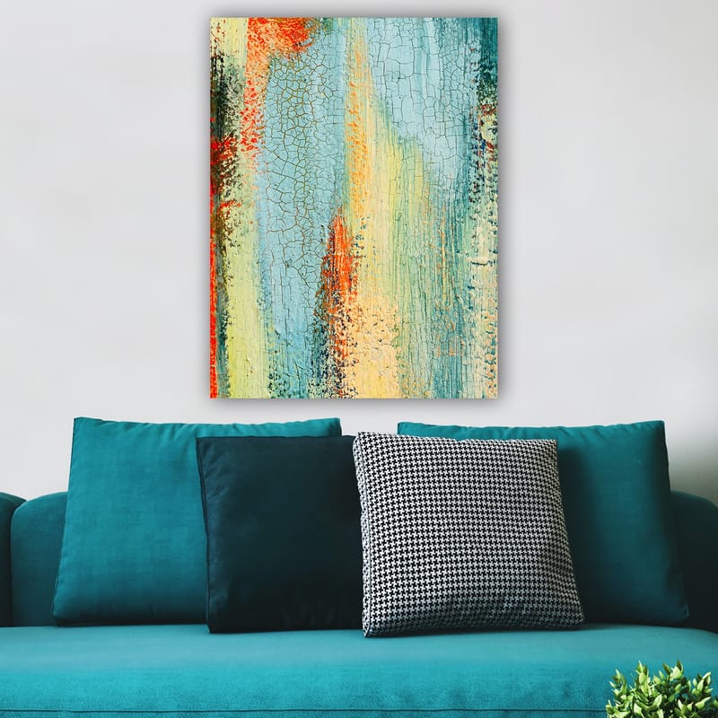 Lerretsbilde 70x100 cm - Abstrakt kunst med elementer av blå og oransje nyanser som skaper en dynamisk tekstur, Blå / Oransje / Grønn