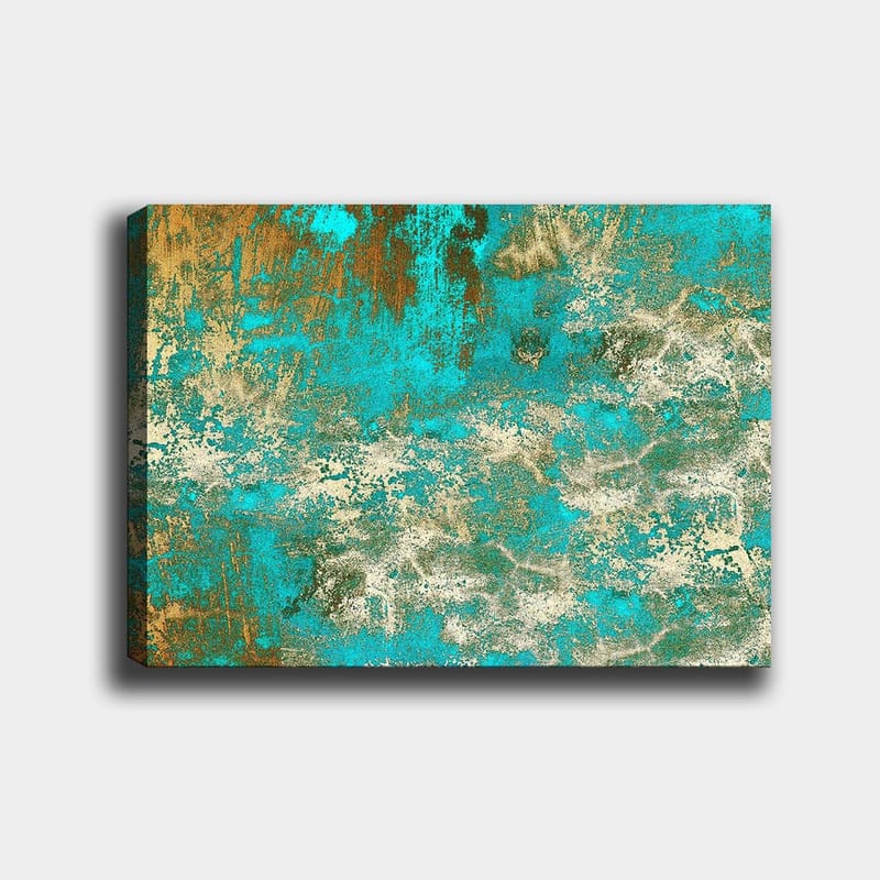 Lerretsbilde 70x100 cm - Abstrakt kunst med en harmonisk blanding av turkise og gyldne fargetoner, Turkis / Gull / Hvit