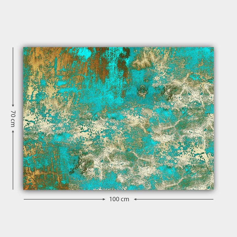 Lerretsbilde 70x100 cm - Abstrakt kunst med en harmonisk blanding av turkise og gyldne fargetoner - Turkis / Gull / Hvit - Interiør - Maleri & posters - Lerretsbilder