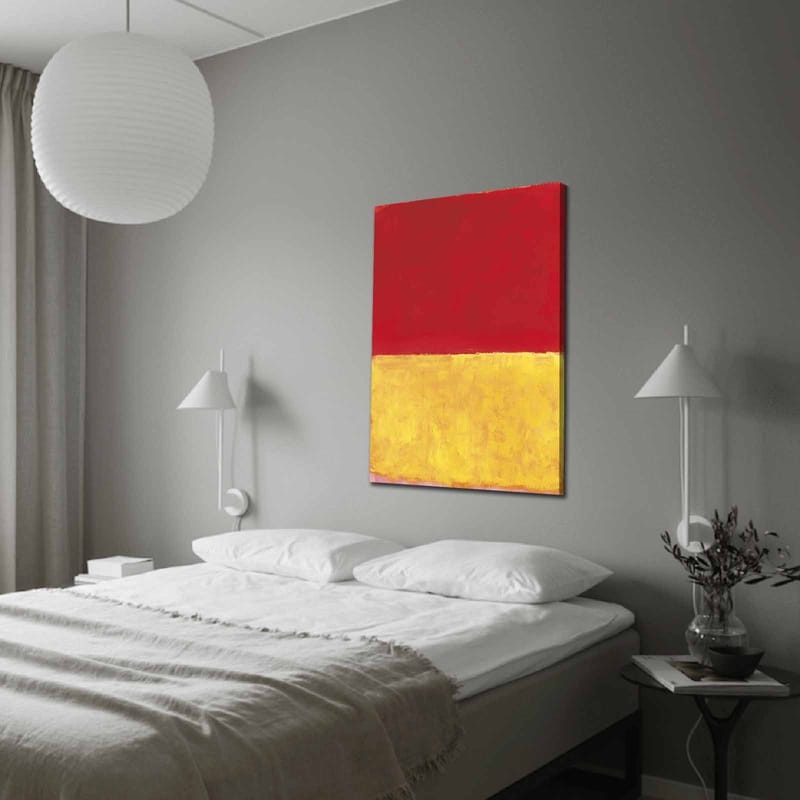 Lerretsbilde 70x100 cm - Abstrakt kunst med en rød øvre del og en gyllen nedre del, Rød / Gull