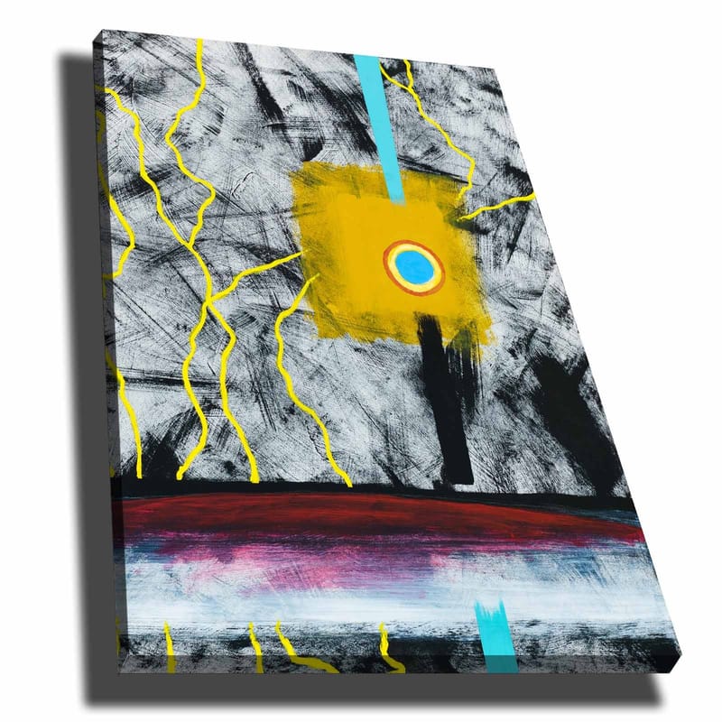 Lerretsbilde 70x100 cm - Abstrakt kunst med en sentral gul firkant og en blå sirkel, omgitt av svarte og hvite linjer - Gul / Svart / Blå - Interiør - Maleri & posters - Lerretsbilder