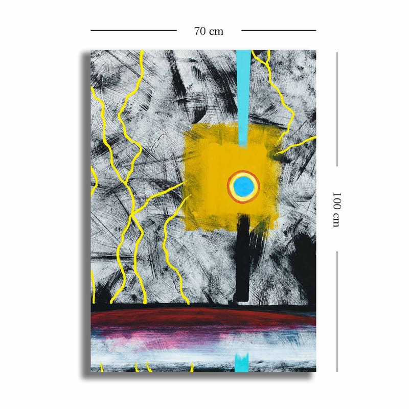 Lerretsbilde 70x100 cm - Abstrakt kunst med en sentral gul firkant og en blå sirkel, omgitt av svarte og hvite linjer - Gul / Svart / Blå - Interiør - Maleri & posters - Lerretsbilder