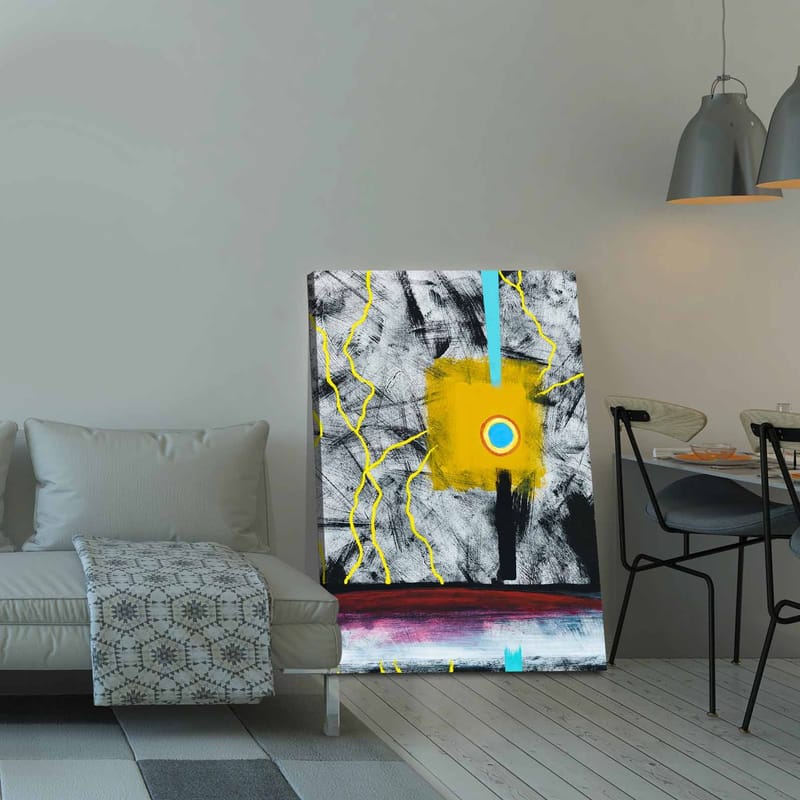 Lerretsbilde 70x100 cm - Abstrakt kunst med en sentral gul firkant og en blå sirkel, omgitt av svarte og hvite linjer, Gul / Svart / Blå