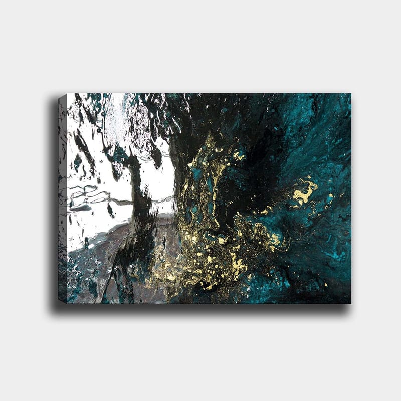 Lerretsbilde 70x100 cm - Abstrakt kunst med flytende former i dype blå og gylne nyanser, Mørk blå / Gull / Svart