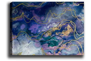 Lerretsbilde 70x100 cm - Abstrakt kunst med flytende former i dype blå og lilla nyanser - Mørk blå / Lilla / Gull - Interiør - Maleri & posters - Lerretsbilder