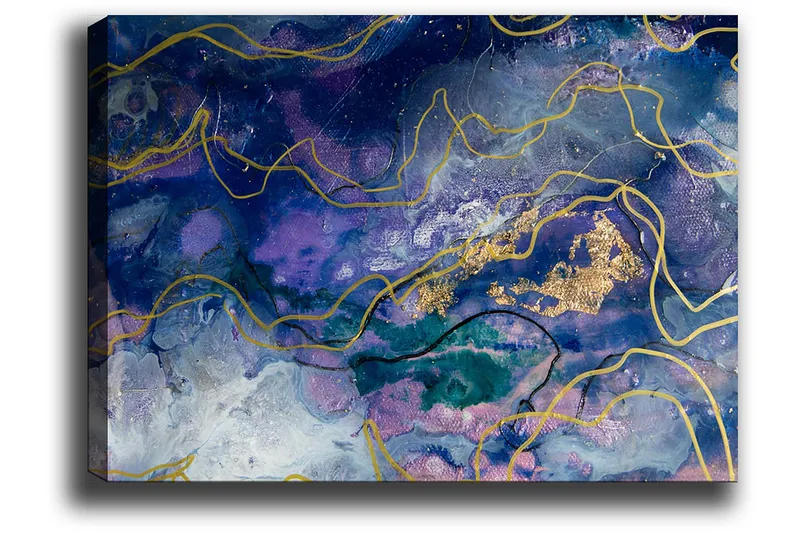 Lerretsbilde 70x100 cm - Abstrakt kunst med flytende former i dype blå og lilla nyanser - Mørk blå / Lilla / Gull - Interiør - Maleri & posters - Lerretsbilder