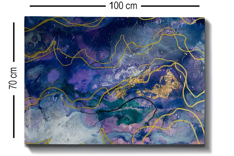 Lerretsbilde 70x100 cm - Abstrakt kunst med flytende former i dype blå og lilla nyanser - Mørk blå / Lilla / Gull - Interiør - Maleri & posters - Lerretsbilder
