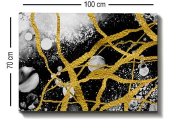 Lerretsbilde 70x100 cm - Abstrakt kunst med gulltråder som skaper dynamiske linjer mot en svart-hvitt bakgrunn - Gull / Svart / Hvit - Interiør - Maleri & posters - Lerretsbilder
