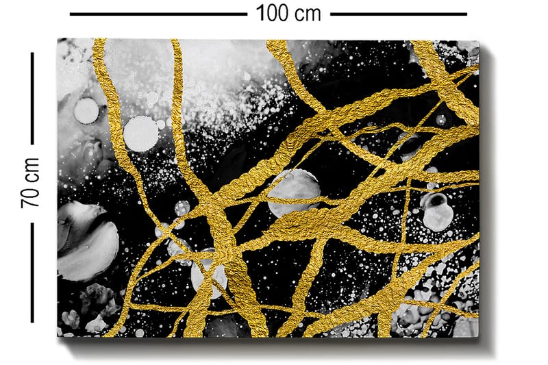 Lerretsbilde 70x100 cm - Abstrakt kunst med gulltråder som skaper dynamiske linjer mot en svart-hvitt bakgrunn - Gull / Svart / Hvit - Interiør - Maleri & posters - Lerretsbilder