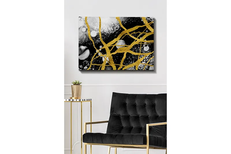 Lerretsbilde 70x100 cm - Abstrakt kunst med gulltråder som skaper dynamiske linjer mot en svart-hvitt bakgrunn, Gull / Svart / Hvit