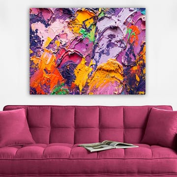 Lerretsbilde 70x100 cm - Abstrakt kunst med livlige farger og teksturer som skaper en dynamisk komposisjon - Lilla / Oransje / Rosa - Interiør - Maleri & posters - Lerretsbilder