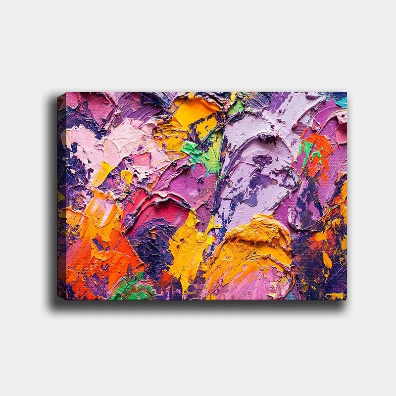 Lerretsbilde 70x100 cm - Abstrakt kunst med livlige farger og teksturer som skaper en dynamisk komposisjon, Lilla / Oransje / Rosa