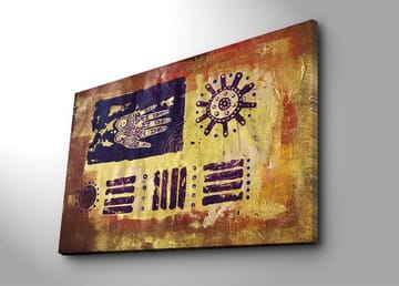 Lerretsbilde 70x100 cm - Abstrakt kunst med symboler og mønstre i en fargerik komposisjon - Gull / Mørk blå / Lilla - Interiør - Maleri & posters - Lerretsbilder