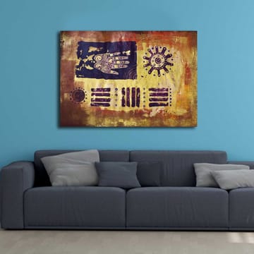 Lerretsbilde 70x100 cm - Abstrakt kunst med symboler og mønstre i en fargerik komposisjon - Gull / Mørk blå / Lilla - Interiør - Maleri & posters - Lerretsbilder