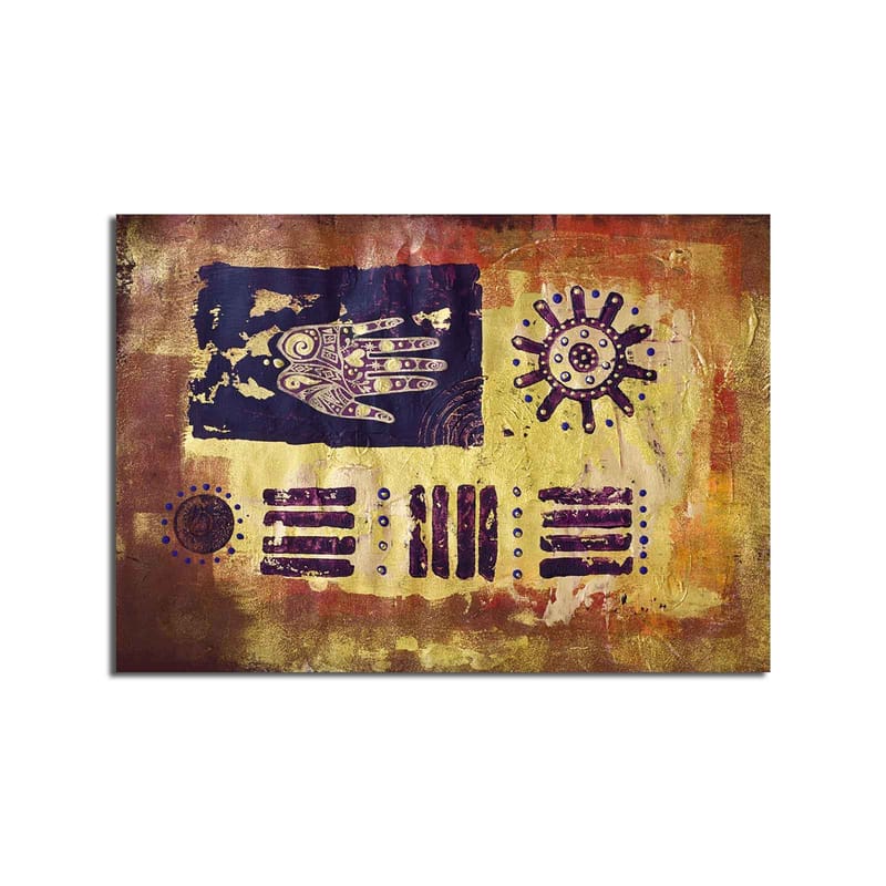 Lerretsbilde 70x100 cm - Abstrakt kunst med symboler og mønstre i en fargerik komposisjon - Gull / Mørk blå / Lilla - Interiør - Maleri & posters - Lerretsbilder