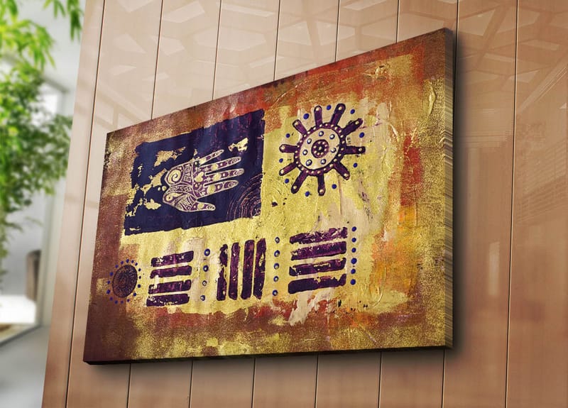 Lerretsbilde 70x100 cm - Abstrakt kunst med symboler og mønstre i en fargerik komposisjon - Gull / Mørk blå / Lilla - Interiør - Maleri & posters - Lerretsbilder