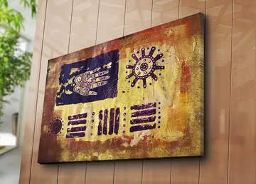 Lerretsbilde 70x100 cm - Abstrakt kunst med symboler og mønstre i en fargerik komposisjon - Gull / Mørk blå / Lilla - Interiør - Maleri & posters - Lerretsbilder